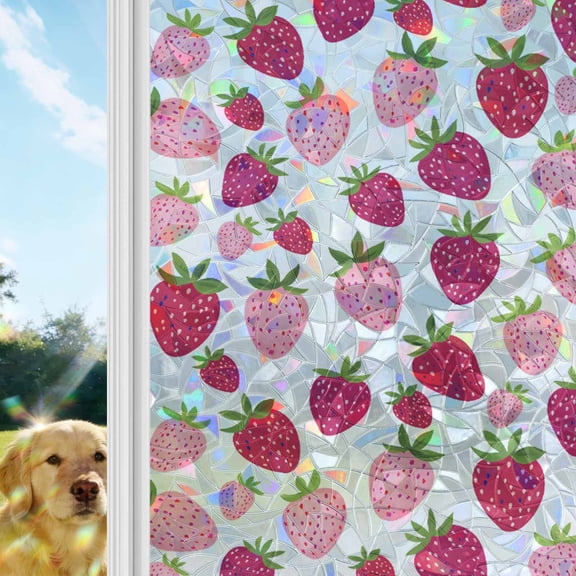 Red Pink Strawberry Window Privacy Film Stain Glass,Reusable Decorative Rainbow Window Film,Lovely Summer Spring Fruit Static Cling Sun Blocking Stickers Decals Covers 17.7" x 39.3" (2pcs)