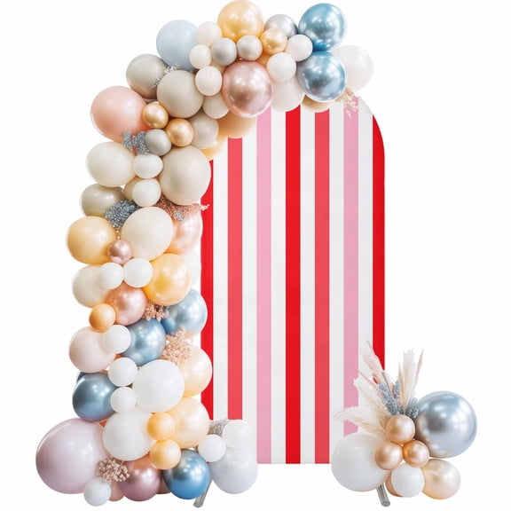 Red Pink Stripe Arch Backdrop Cover 7.2x4 Ft, Spandex Wedding Arch Stand Cover, Geometric White Vertical Striped Round Top Stretch Fitted Background Covers for Birthday Ceremony Party Decor