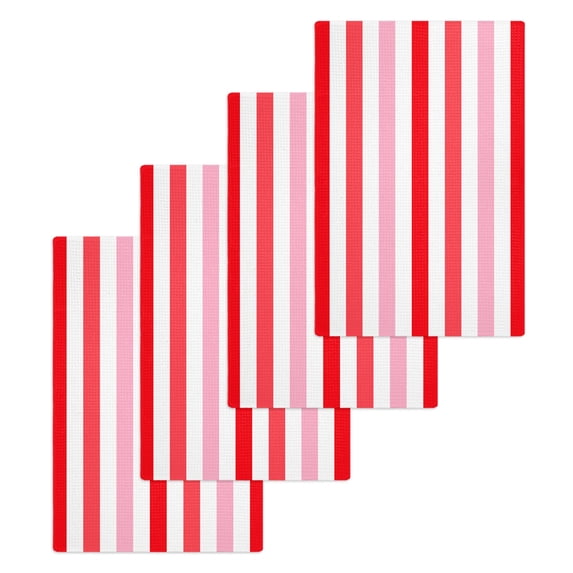 Red Pink Stripe Hand Towels Set, Waffle Weave Kitchen Towels 4 Pieces, Geometric White Vertical Striped Microfiber Hair Face Bath Tea Towel Absorbent Quick Drying Cleaning Dish Cloths, 15.7"x23.6"