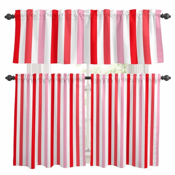 Red Pink Stripe Kitchen Curtains Sets for Windows 36 Inch Length, Geometric White Vertical Striped Rod Pocket Window Treatments Tier Curtains and Valances Set for Bedroom/Bathroom