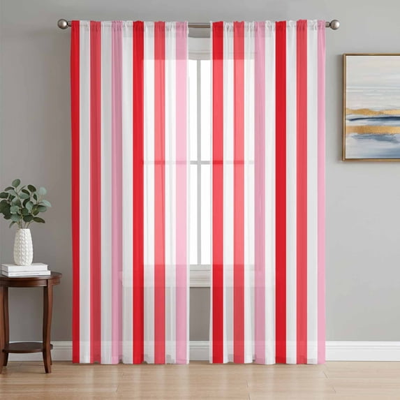 Red Pink Stripe Semi Sheer Curtains 72 Inch Length 2 Panels Set, Geometric White Vertical Striped Sheer Kitchen Curtain Privacy Voile Window Curtain for Living Room Bedroom Rod Pocket Drapes