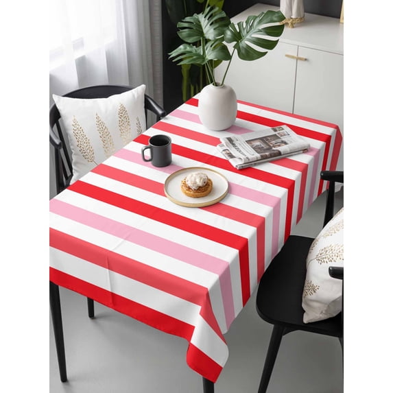 Red Pink Stripe Tablecloth Rectangle Table Cloths 54x108, Waterproof Tablecloth Outdoor Table Cloth, Geometric White Vertical Striped Washable Table Cover for Kitchen Dinning Party