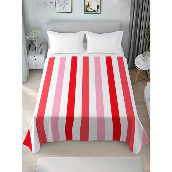 Red Pink Stripe Twim Size Flat Sheet, Wrinkleproof & Fadeproof Cooling Flat Bed Sheet Only, Geometric White Vertical Striped Breathable Soft Bedding Top Sheets 66 x 96 Inches