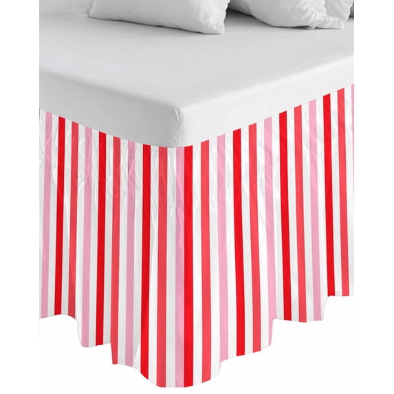 Red Pink Stripe Wrap Around Bed Skirts for California King Bed 16" Drop,Bed Skirt with Adjustable Elastic Belt Dust Ruffle Bed Valance for Bedroom Geometric White Vertical Striped Bed Frame Cover