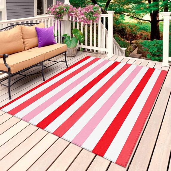 Red Pink Striped Outdoor Rug for Patio/Deck/Porch, Non-Slip Large Area Rug 5 x 7 Ft, Farmhouse Stripes Simple Art Indoor Outdoor Rugs Washable Area Rugs, Reversible Camping Rug Carpet Runner