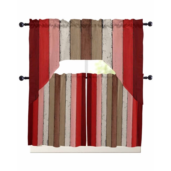 Red Pink Swag Kitchen Curtains Sets for Windows 24 Inch Length, Farmhouse Wood Grain Vintage Brown Striped Short Window Curtain Panels Swags Valances and Tiers 3 Piece Set for Cafe/Dining Room