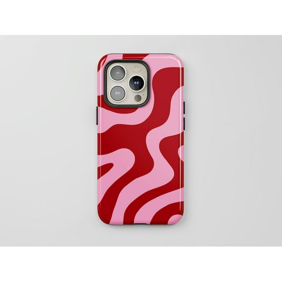 Red & Pink Swirl Tough Phone Case – Custom Wavy Abstract Retro Aesthetic Protective Cover for iPhone 17/16/15/14/13 Pro Max, Samsung Galaxy S25/S24/S49