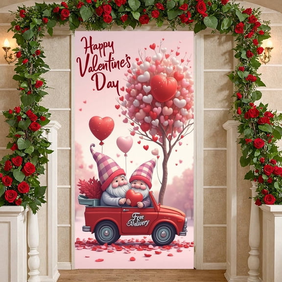 Red Pink Theme Happy Valentine's Day Banner Heart Balloon Design Valentine Display Gnome Pattern Romantic Love Backdrop for Valentine's Day Party Romantic Celebration Couples Gathering