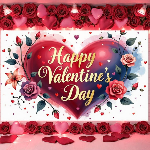 Red Pink Theme Valentine's Day Banner Rose Pattern Romantic Backdrop Heart Design Gold Glitter Love Display for Valentine's Day Party Romantic Date Anniversary Celebration