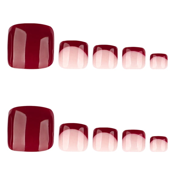 Red Pink Two-Tone French-Inspired Tip Press on Nails, Short Squoval Glossy Finish False Nails, 24 Count