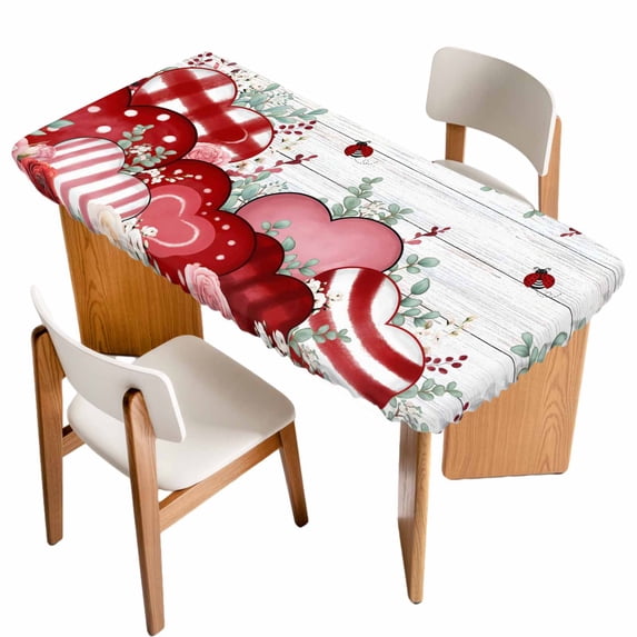 Red Pink Valentine's Day Table Cloths for 4 Foot Rectangle Tables, Love Heart Eucalyptus Leaves Vintage Patio Waterproof Elastic Fitted Tablecloths, Washable Rectangular Table Cover for Camping