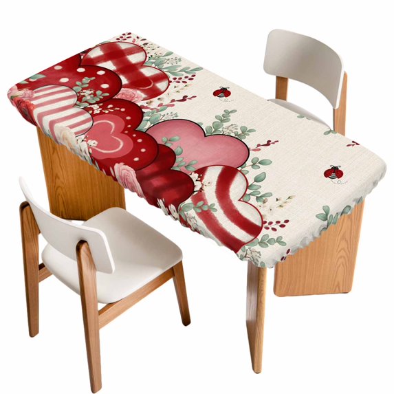 Red Pink Valentine's Day Table Cloths for 5 Foot Rectangle Tables, Love Heart Eucalyptus Leaves Rustic Patio Waterproof Elastic Fitted Tablecloths, Washable Rectangular Table Cover for Camping