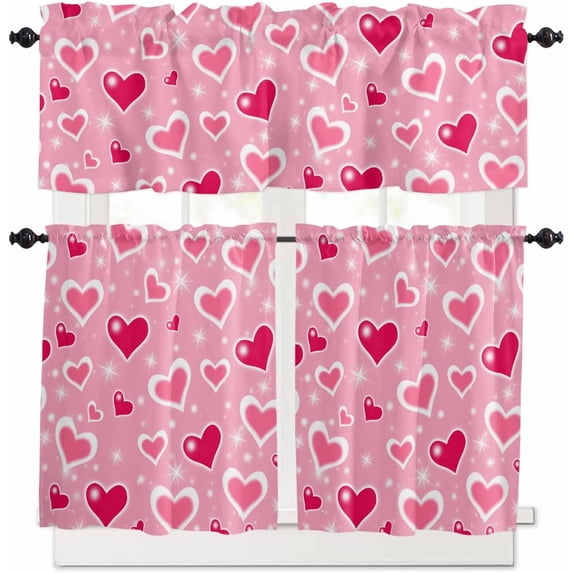 Red Pink Valentines Day Kitchen Curtains Set Short Half Curtains 36 Inches Length, Love Heart Pink Rod Pocket Window Treatment Bedroom Tiers and Valance Set for Cafe Bathroom