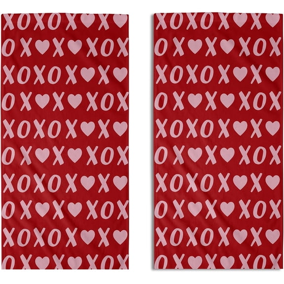 Red Pink Valentines Hand Towels for Bathroom Set of 2 Xs and Os Love Heart Block Print Holiday Theme Valentine''s Day Decorative Handtowels Soft Absorbent Bath Towel for Home Guest Room Hotel Gym Spa