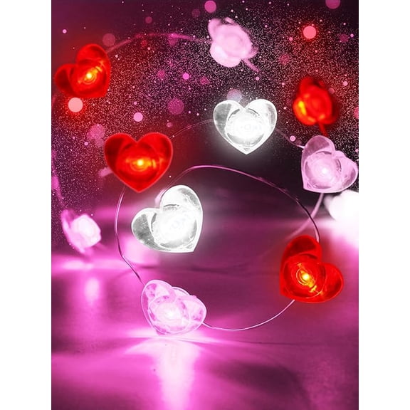 Red Pink White Heart Fairy Lights Battery Operated for Valentines Decor, 10FT 30 LED Battery String Lights with Timer Waterproof for Indoor Outdoor Valentines Proposal Anniversary Wedding Decorations