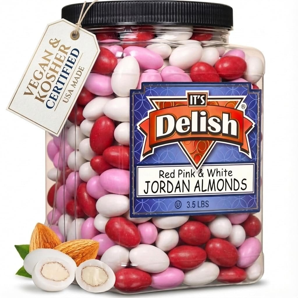 Red Pink & White Jordan Almonds Mix by It's Delish, 3.5 LBS Jumbo Container  Valentines and Mothers Day Girl Theme Bulk Party Favors Almond Nut Coated in Sweet Hard Candy Shell - Vegan & Kosher
