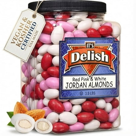Red Pink & White Jordan Almonds Mix by It's Delish, 3.5 LBS Jumbo Container Valentines and Mothers Day Girl Theme Bulk Party Favors Almond Nut Coated in Sweet Hard Candy Shell - Vegan & Kosher