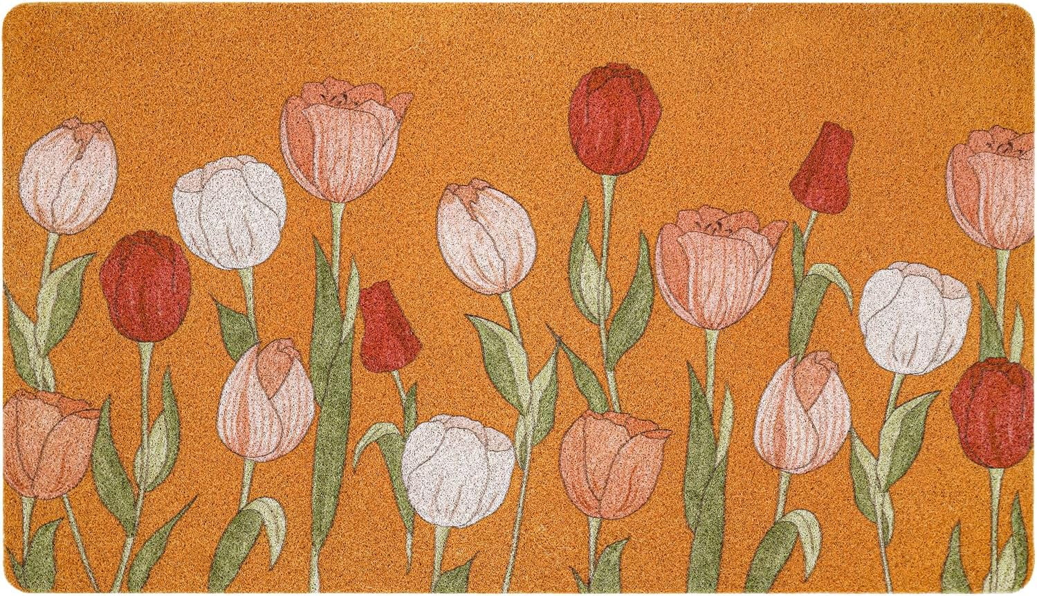 Red Pink White Tulip Coir Door Mat for Front Door, Spring Summer Flower Outdoor Welcome Mats for Entrance,Garden,RV,Patio,Home Porch Decor Doormat 30x17 Inch
