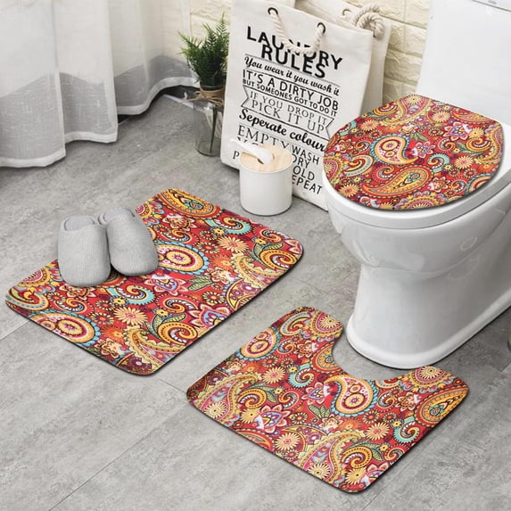 Red Pioneer Flower and Paisley Pattern Bathroom Rugs Sets 3 Piece,Toilet Cover Set,Absorbent Non Slip Bathroom Mats Sets with U-Shaped Contour Rug Toilet Rug Set