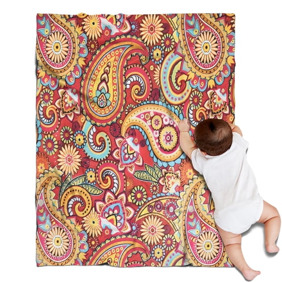 Red Pioneer Flower and Paisley Pattern Blanket,Comfortable Soft Flannel Throw Blanket,All Season,Warm Lightweight Blankets for Sofa Bed Couch Living Room Chair,30"x40"