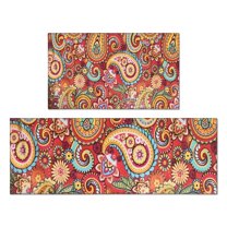 Red Pioneer Flower and Paisley Pattern Kitchen Rugs Sets Of 2,Anti Fatigue Kitchen Mat Rugs Non Slip Washable,Decorative Kitchen Floor Mats for Kitchen,Sink,Laundry,17"x30" 17"x47"
