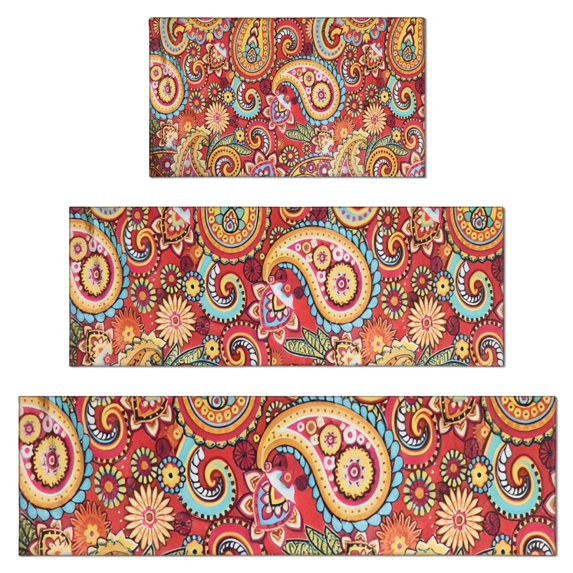 Red Pioneer Flower and Paisley Pattern Kitchen Rugs Sets Of 3,Kitchen Runner Rugs Non Skid Washable,Decorative Kitchen Floor Mats for Kitchen,Sink,Laundry,17"x30"+ 17"x47" + 17"x59"