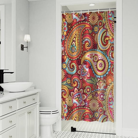 Red Pioneer Flower and Paisley Pattern Shower Curtain 36"x72" ,Bathroom Decorative Shower Curtains Set with 12 Hooks,Modern Waterproof Washable Shower Curtain