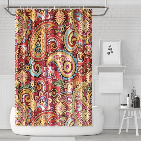 Red Pioneer Flower and Paisley Pattern Shower Curtain 72"x72" ,Bathroom Decorative Shower Curtains Set with 12 Hooks,Modern Waterproof Washable Shower Curtain