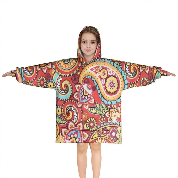 Red Pioneer Flower and Paisley Pattern Blanket Hoodies for Kids 6-13YR Oversize Wearable Blanket Hoodies for Boys Girls Teens
