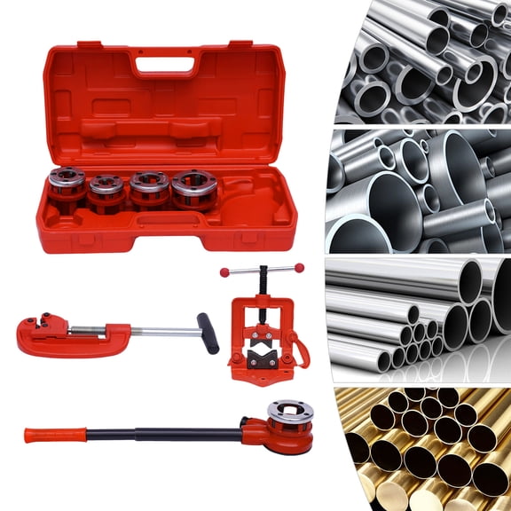 Red Pipe Threader Ratchet Type w/ 5 Dies Cutter Threading Tool Kit for 1/2"-2" Pipe for Home, Construction