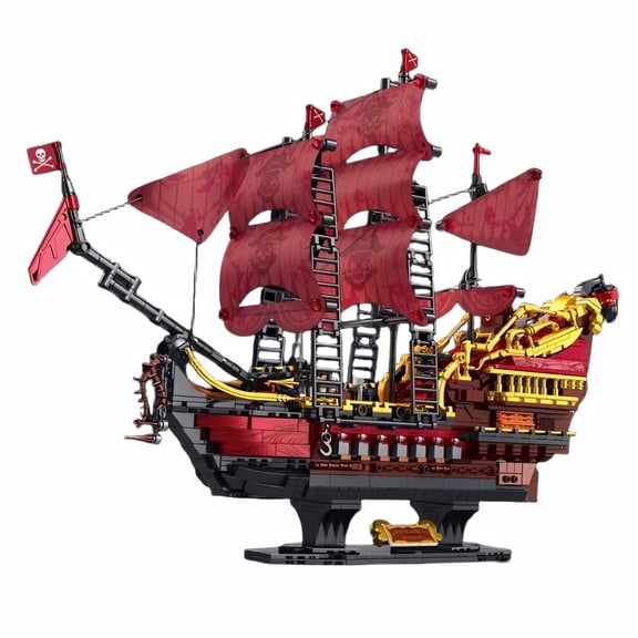Red Pirate Ship Building Block Set with Skull Sails & Gold Accents, Creative Birthday Gift, Home Office Table Centerpiece
