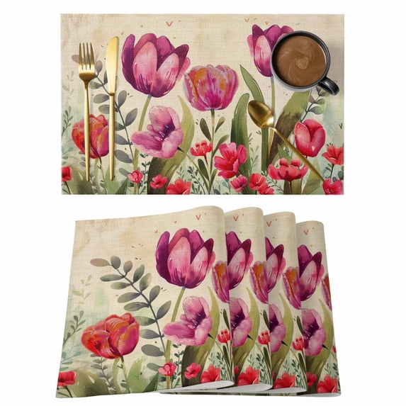 Red and Placemats Set of 2, Pink Tulip Watercolor Floral Retro Linen Non-Slip Place Mats Washable Table Mats for Kitchen Dining Table Decorations Indoor/Outdoor