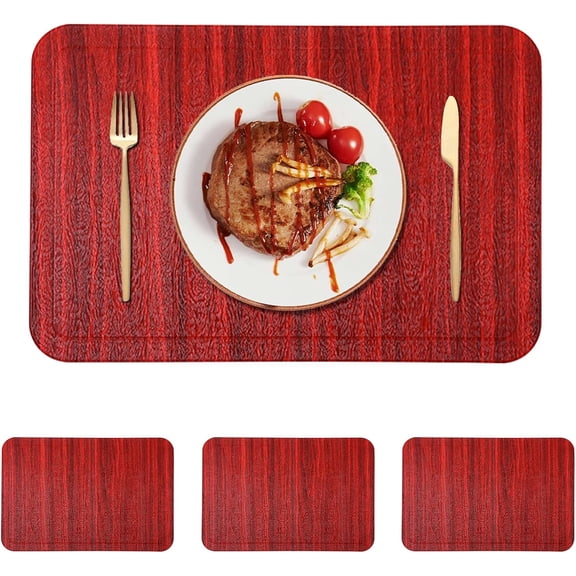Red Placemats Set of 4, Heat Resistant Washable Wipeable Square Vinyl Place Mats Indoor/Otudoor, Wood Grain Table for Dining Patio Kitchen Decor, 11.8\u201d x 17.7\u201d -