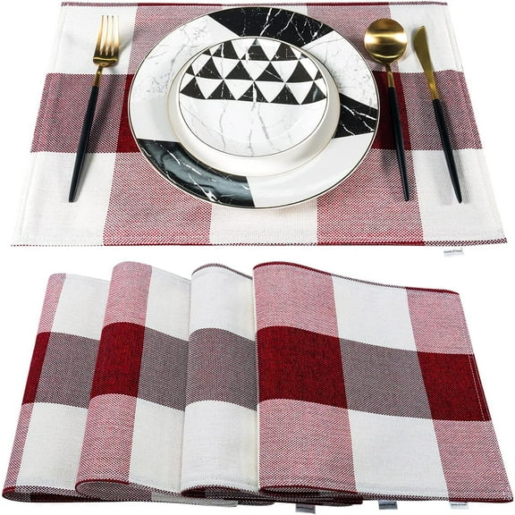 Red Placemats Set of 4, Linen Buffalo Plaid Double Layer Spring Placemats Check Kitchen Table Mats,Waterproof Heat Resistant Durable Cloth Washable Placemats 12 x 18 Inches