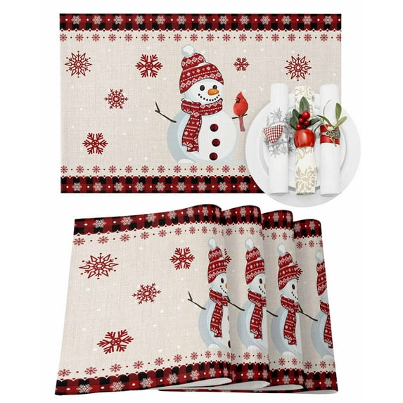 Red and Placemats Set of 6 Black Plaid Border Christmas Snowman and Bird Heat Insulation Washable Place Mats, Rustic Non-Slip Table Mats for Dining Table Party Kitchen Decor,13x19 Inch