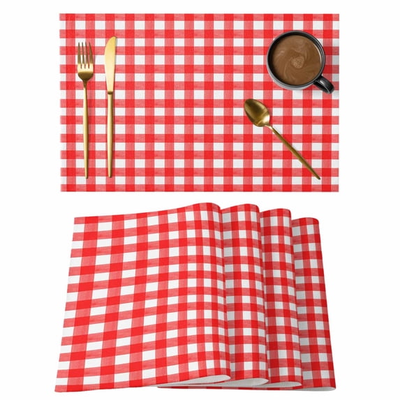 Red Placemats Set of 6, Country French Rustic Buffalo Plaid Modern Art Placemats for Dining Table, Place Mats for Kitchen Tabletop, Waterproof Wipeable Dining Table Mats Set