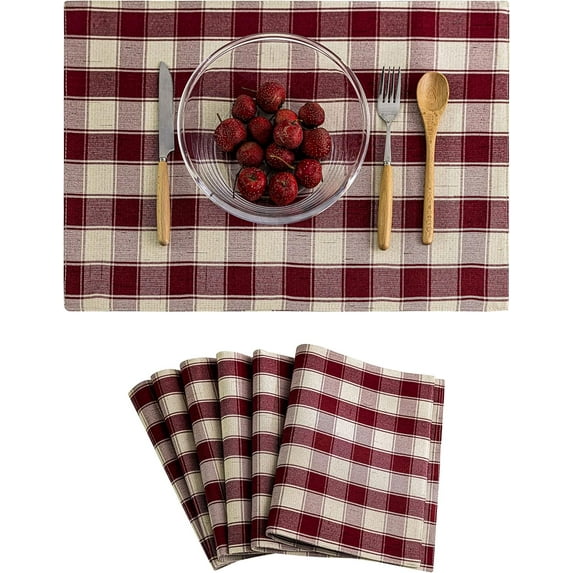 Red Placemats Set of 6 Farmhouse Buffalo Plaid Table Mats Heat Resistant Dining Dinner Place Mats for Kitchen Table Dinner Mats, 12 x 18 inches, Checker, Crimson