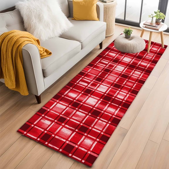 Red Plaid 2'x6' Runner Rugs for Hallway Kitchen Bedside Non Slip Washable, Modern Art Checkered Farmhouse Entryway Rug Runners with Rubber Backing, Long Carpet Runner for Laundry Room