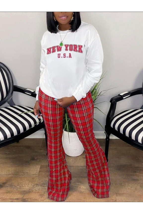 Red Plaid 2pc Flare Pants Set Size: Large