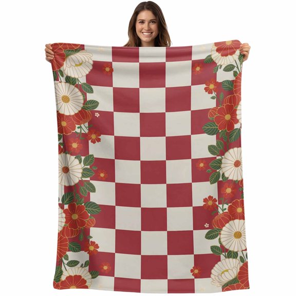 Red Plaid Blanket Soft Cozy Warm Throw Blanket for Couch, Plush Fuzzy Flannel Fleece Blankets for Sofa, Japanese Farmhouse Floral Flowers Buffalo Checked Bed Blankets Gifts for Men, 50"x60"
