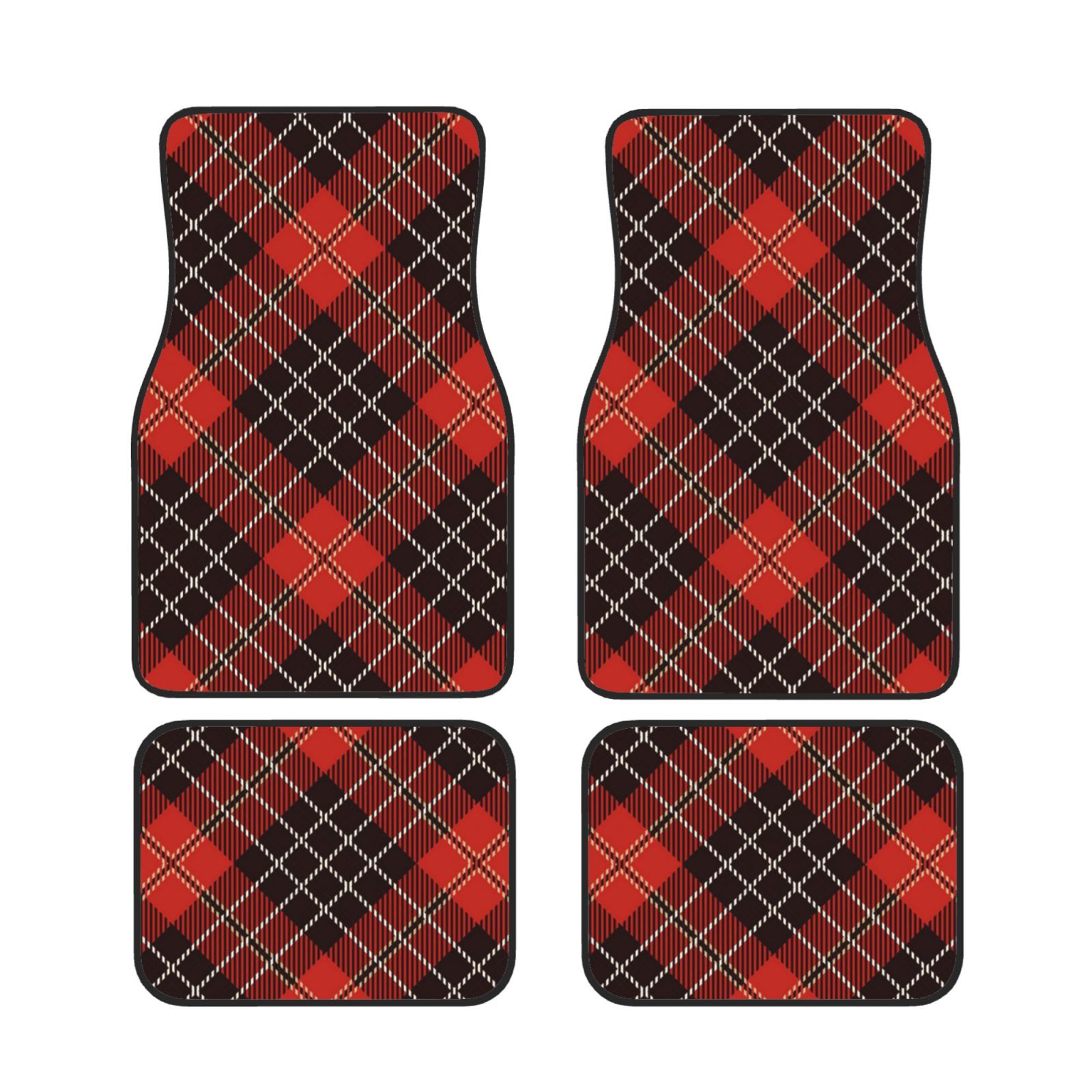 Red Plaid Car Front And Rear Floor Mats, Anti Slip Car Mats, Complete