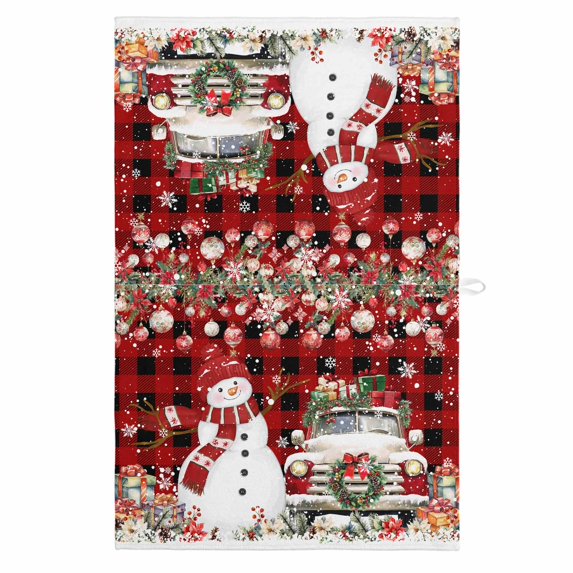 Red Plaid Christmas 1 Pack Kitchen Towel, Water Absorbent Dish Towel, Snowman Truck Xmas Balls Snowflake Decorative Hand Towels - Quick Drying Cloth for Cooking Baking, 18x28 Inch