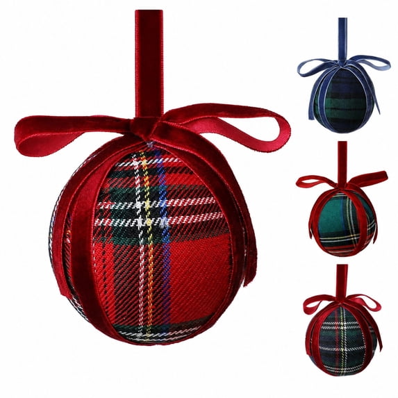 Red Plaid Christmas Ball Ornament with Velvet Bowknot, Single Piece, Tartan Fabric, for Christmas Tree Decorations