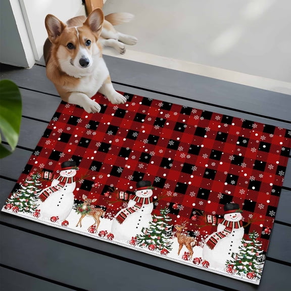 Red Plaid Christmas Bathroom Mat 2x3 FT,Non Slip Small Kitchen Mat,Snowman Snowflake Xmas Tree Ball Elk Washable Soft Backed Front Door Throw Rug Indoor Outdoor Doormat for Entryway Sink
