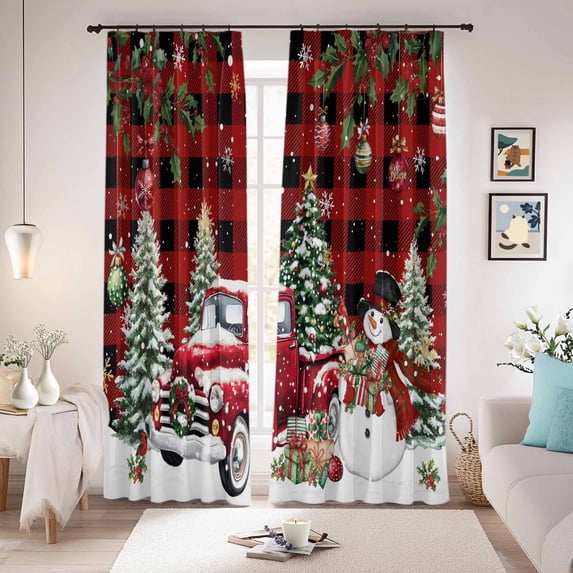 Red Plaid Christmas Blackout Curtains for Bedroom/Living Room, Pinch Pleated Black Out Curtains, Xmas Snowman Truck Snowflake Tree Balls Room Darkening Window Drapes with Hooks 2 Panels, 39"x70"