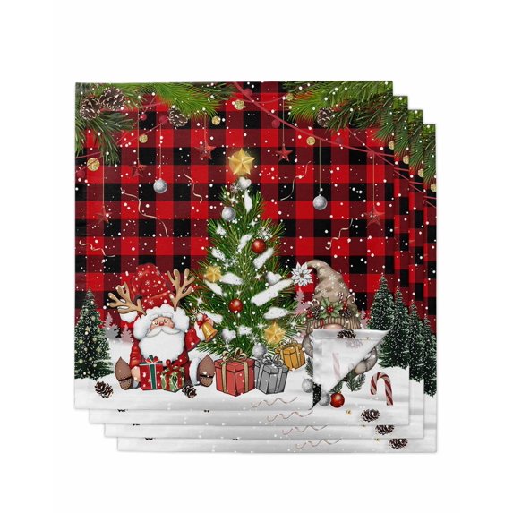 Red Plaid Christmas Cloth Napkins Set of 4 Reusable Dinner Napkins, Gnomes Xmas Tree Snowflake Winter Gifts Cocktail Napkin Washable Table Napkins for Wedding/Holiday Party/Baby Shower 20"x20"