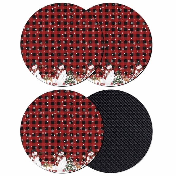 Red Plaid Christmas Coasters Set of 4, Absorbent Coasters for Drinks, Snowman Snowflake Xmas Tree Ball Elk Coaster for Desk Coffee Table Protection, Home Decor House Warming Gifts 4"