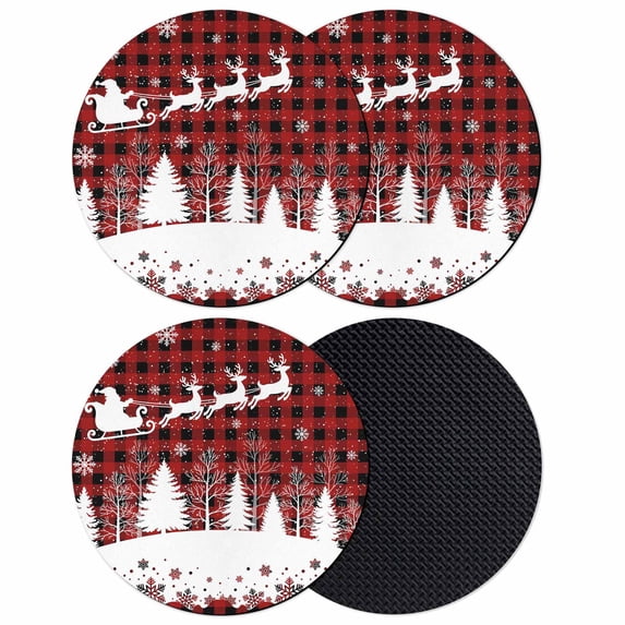 Red Plaid Christmas Coasters Set of 4, Absorbent Coasters for Drinks, Xmas Elk Tree Snowflake Forest Coaster for Desk Coffee Table Protection, Home Decor House Warming Gifts 4"