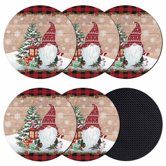 Red Plaid Christmas Coasters Set of 6, Absorbent Coasters for Drinks, Gnomes Snowflake Xmas Tree Gifts Coaster for Desk Coffee Table Protection, Home Decor House Warming Gifts 4"