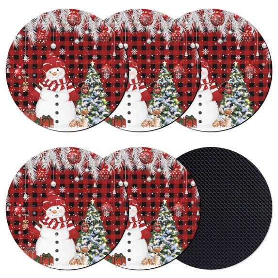 Red Plaid Christmas Coasters Set of 6, Absorbent Coasters for Drinks, Snowman Xmas Balls Pine Needle Tree Coaster for Desk Coffee Table Protection, Home Decor House Warming Gifts 4"